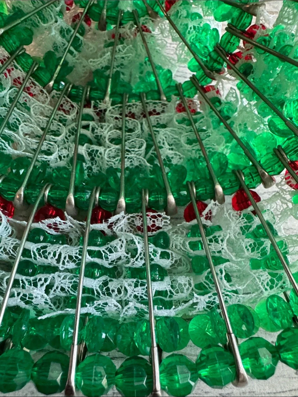 Handmade Safety Pin Green and White Holiday Tree Decor with Red Beads and lace